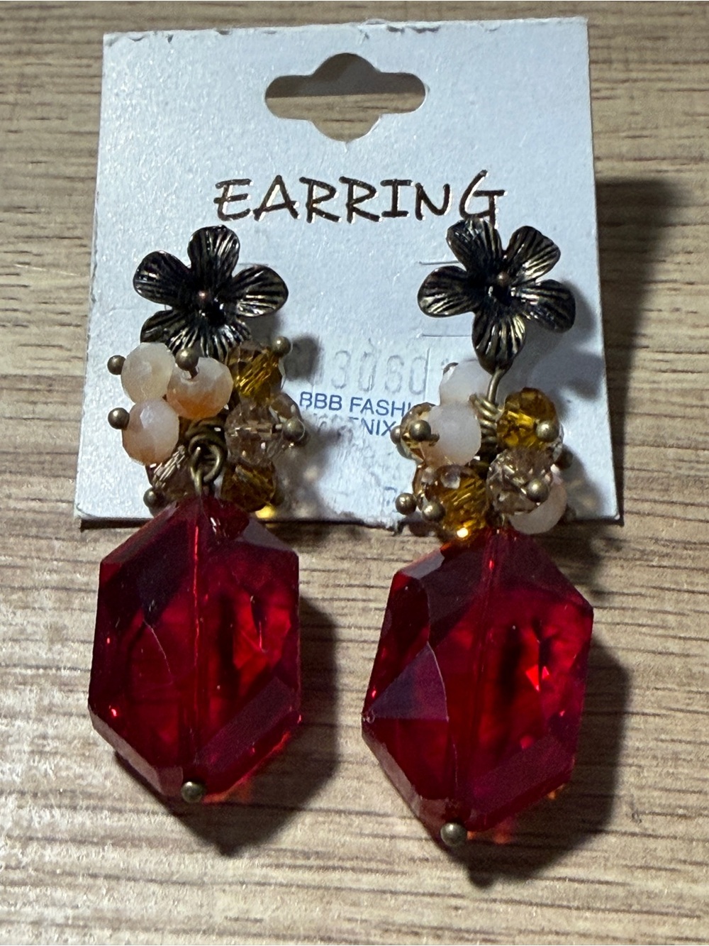 Source Unknown Red Faceted Gemdrop Flower Cluster Earrings